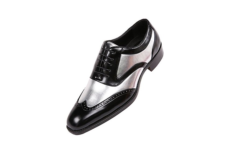 Bolano Men’s Two-Tone Metallic Black Smooth Lace up Oxford Dress Shoe, Wingtip Spectator, Style Lawson